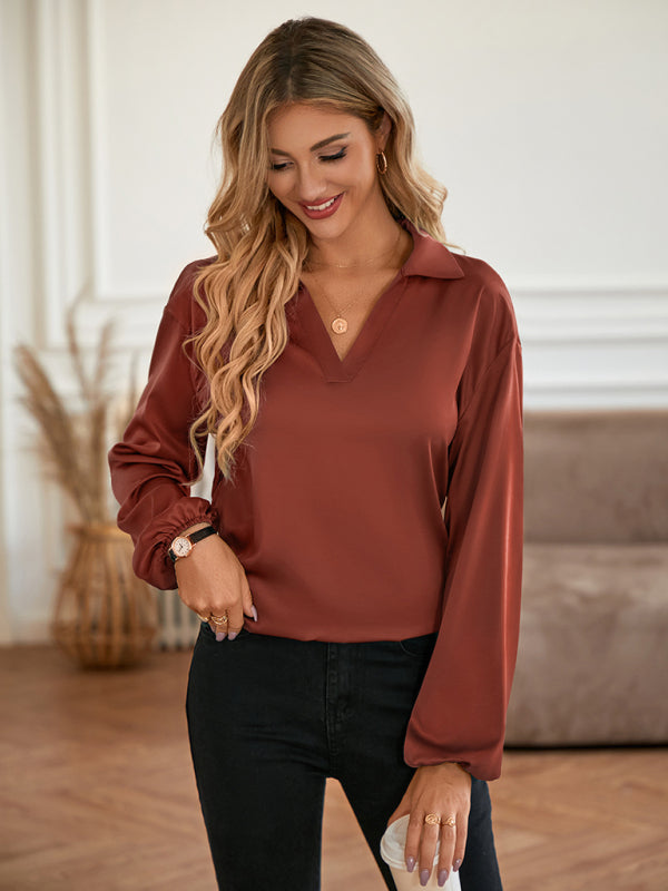 Loose V-neck knotted long-sleeved trendy blouse