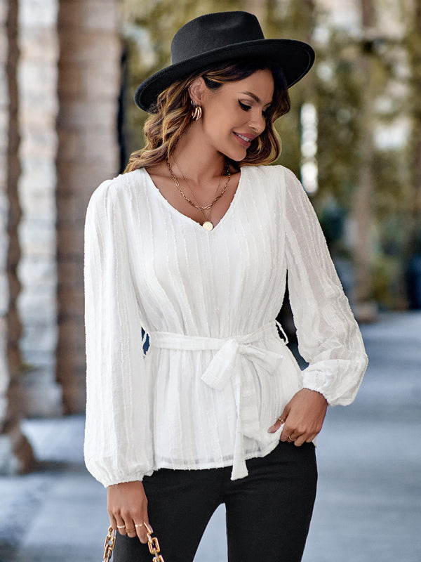 Casual V-neck tied waist slim long sleeves