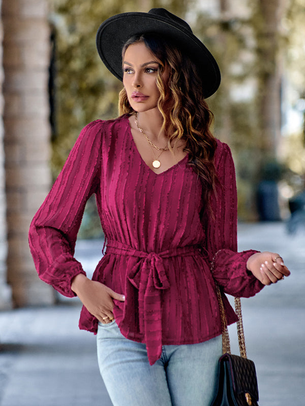 Casual V-neck tied waist slim long sleeves