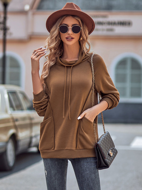 High collar drawstring patchwork loose sweatshirt