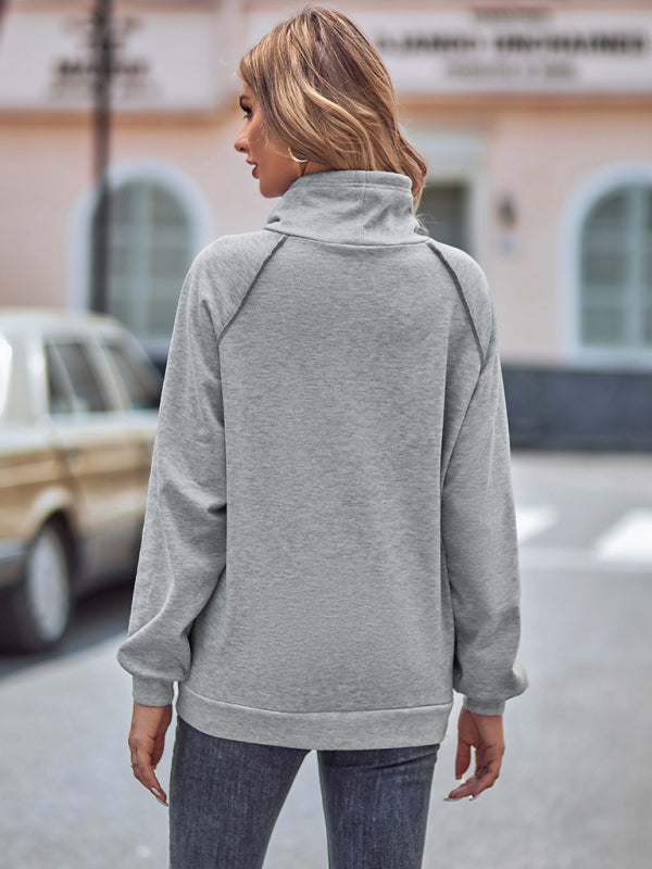 High collar drawstring patchwork loose sweatshirt