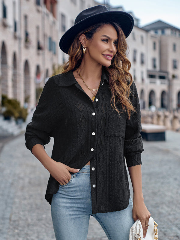 Lapel Single Breasted Solid Color Loose Long Sleeve Shirt