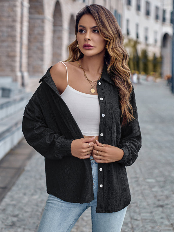 Lapel Single Breasted Solid Color Loose Long Sleeve Shirt