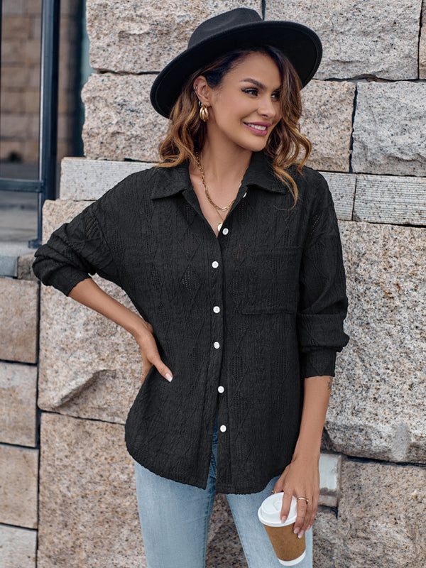 Lapel Single Breasted Solid Color Loose Long Sleeve Shirt