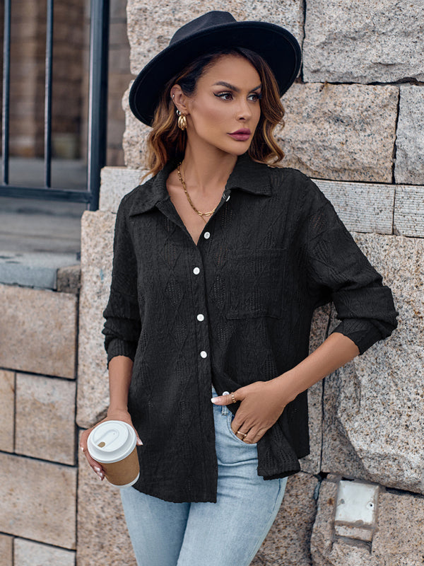 Lapel Single Breasted Solid Color Loose Long Sleeve Shirt