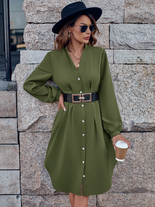 V-neck solid color cardigan long-sleeved waist dress