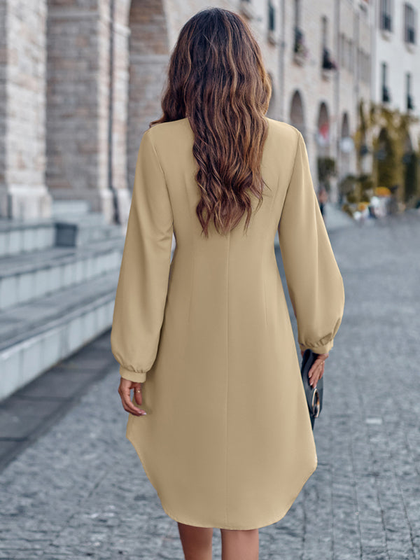 V-neck solid color cardigan long-sleeved waist dress