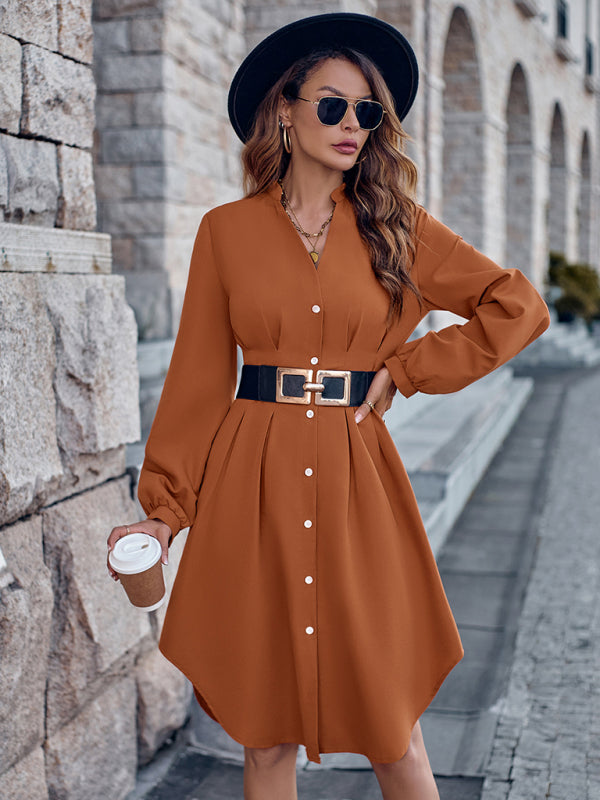 V-neck solid color cardigan long-sleeved waist dress