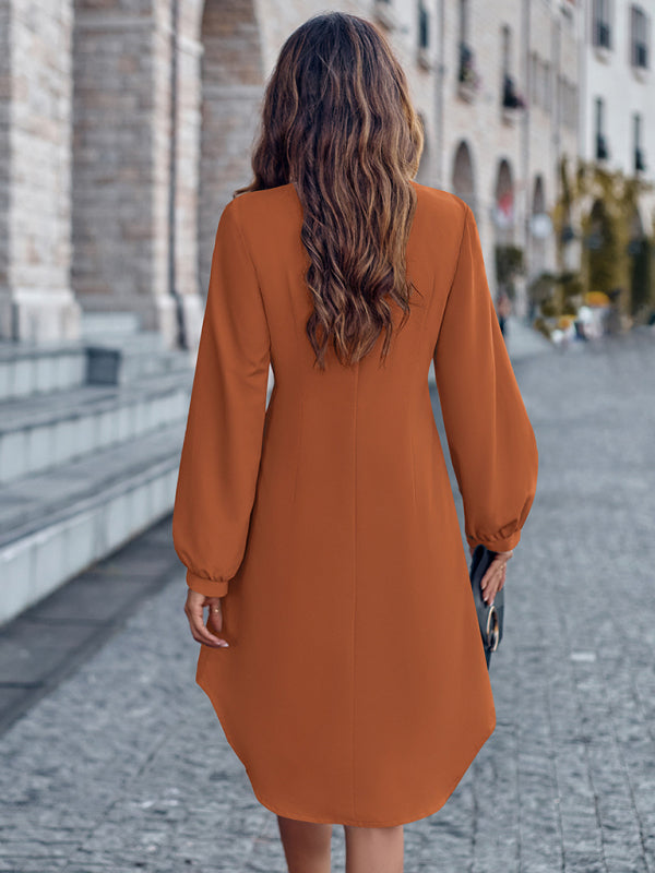 V-neck solid color cardigan long-sleeved waist dress