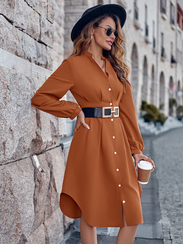 V-neck solid color cardigan long-sleeved waist dress