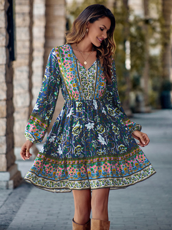 Women's V-neck printed waist long-sleeved dress