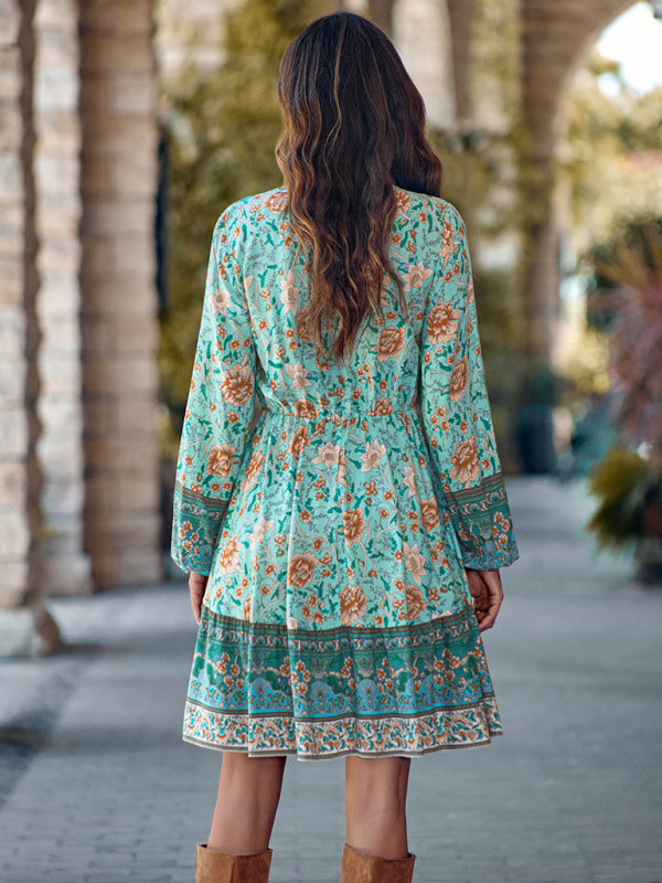 Women's V-neck printed waist long-sleeved dress