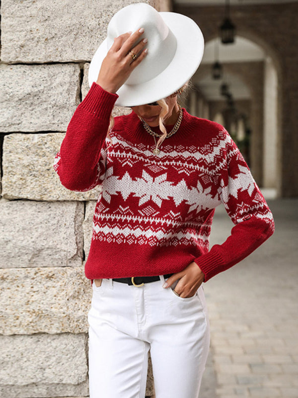 Women's Round Neck Red Knitted Christmas Snowflake Sweater