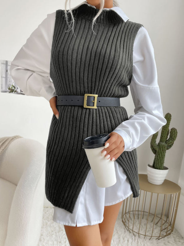 Women's Slit Solid Color Mid-Length Sweater