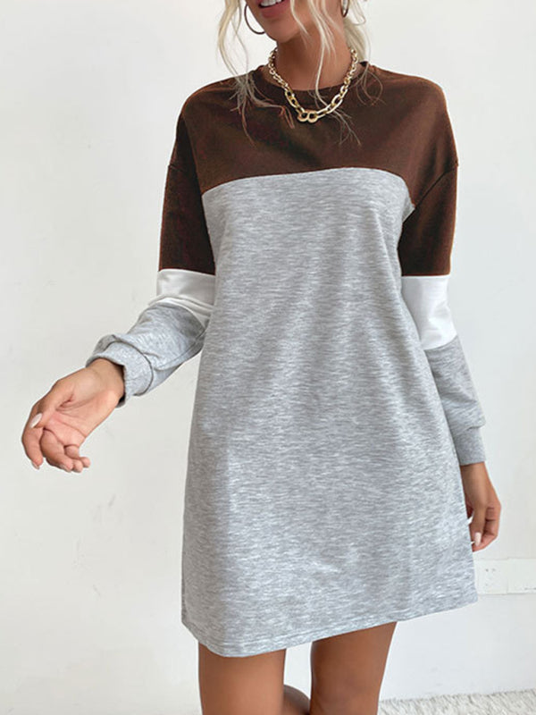 Fashion women's long sleeve color block sweatshirt dress