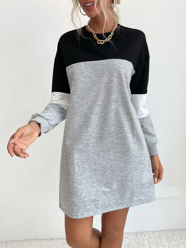 Fashion women's long sleeve color block sweatshirt dress