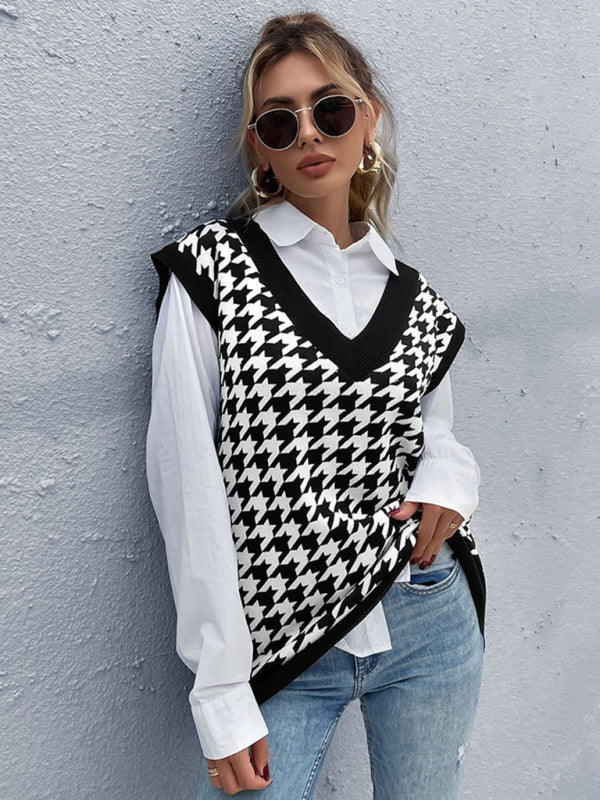 New loose houndstooth v-neck knitted vest