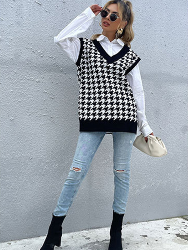 New loose houndstooth v-neck knitted vest