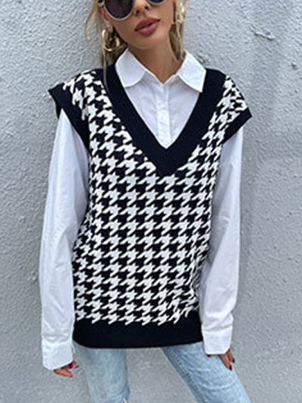 New loose houndstooth v-neck knitted vest