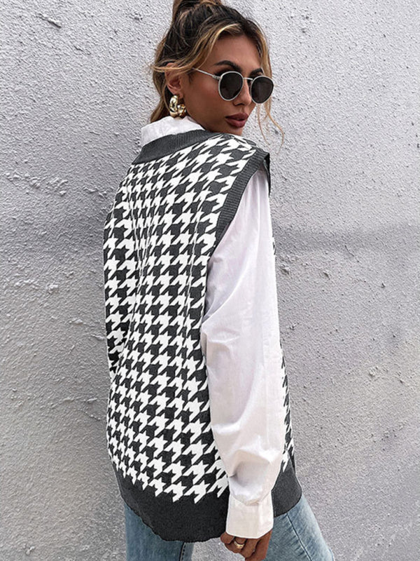 New loose houndstooth v-neck knitted vest