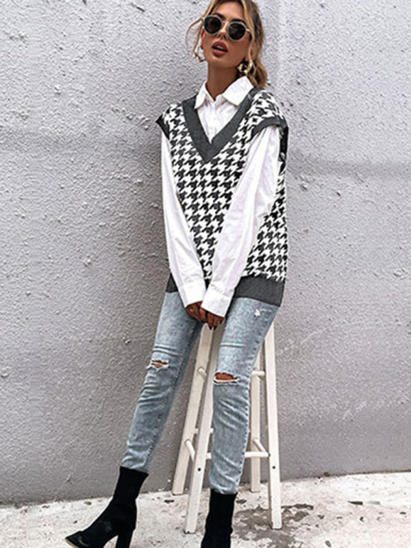 New loose houndstooth v-neck knitted vest