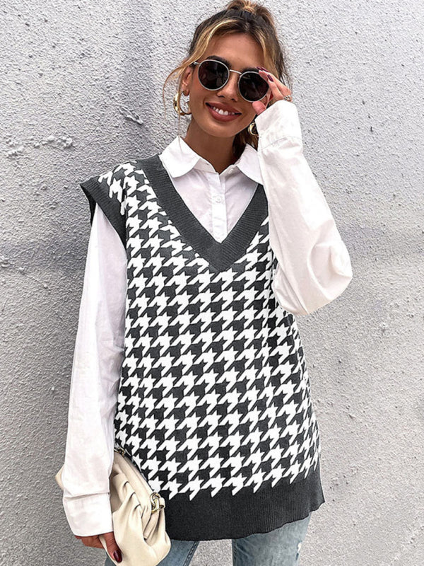 New loose houndstooth v-neck knitted vest