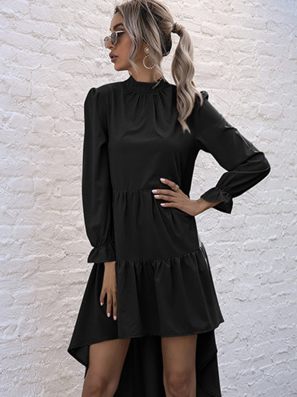 New women's solid color long sleeve irregular half turtleneck dress