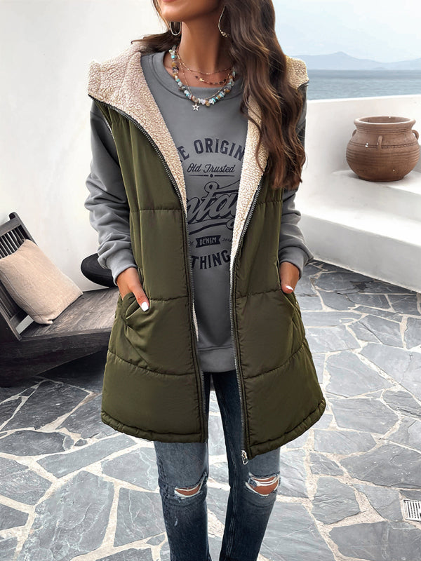 Women's new solid color winter loose commuting mid-length hooded cotton coat