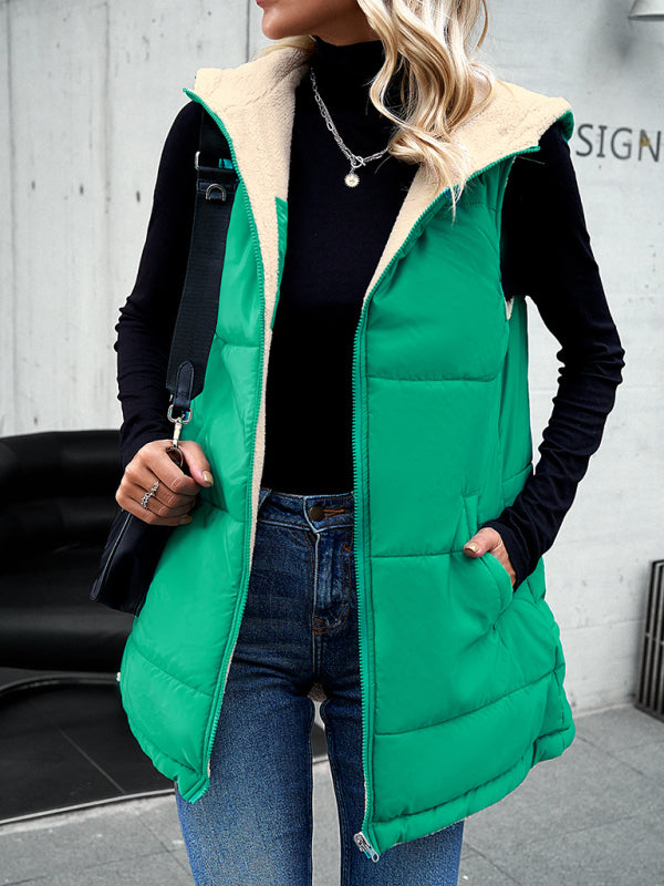 Women's new solid color winter loose commuting mid-length hooded cotton coat