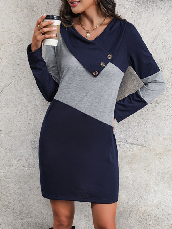 New women's casual color block long sleeve sweatshirt dress