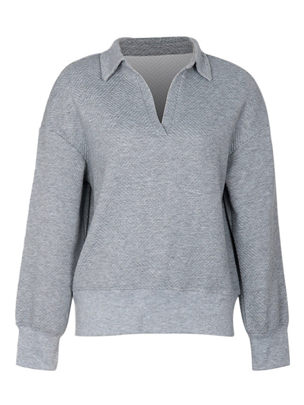 Women's new solid color lapel gray sweatshirt