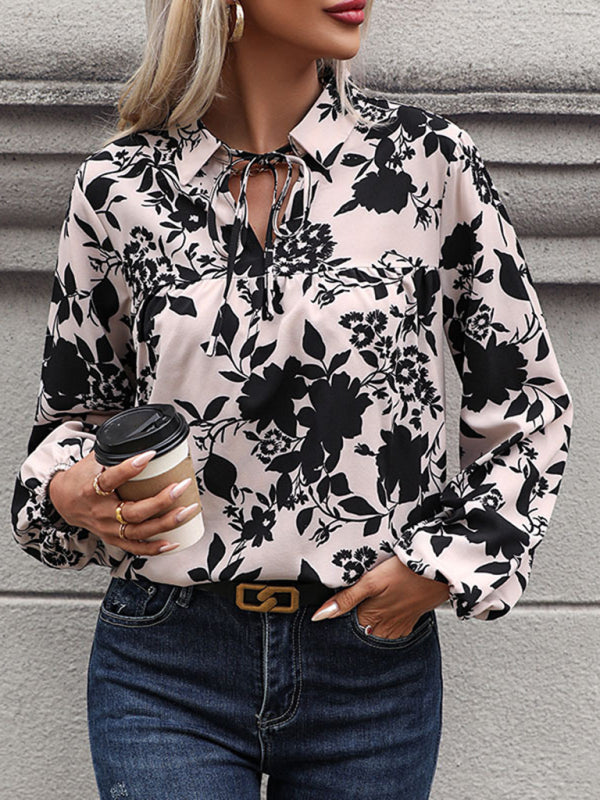 Women's new V-neck lace-up printed shirt