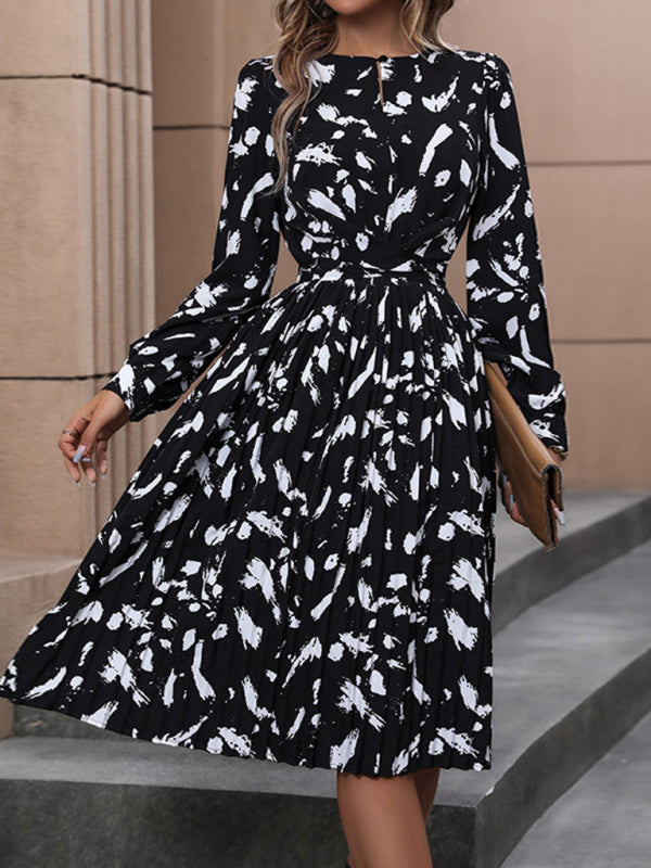 Women's new temperament printed black long-sleeved dress