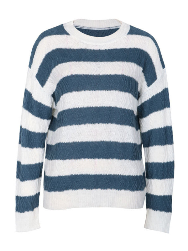 Women's new round neck long sleeve striped sweater