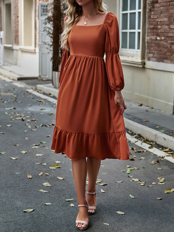 Women's Elegant Solid Color Square Neck Long Sleeve Dress