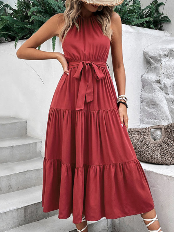 New fashionable women's halterneck solid color mid-length dress