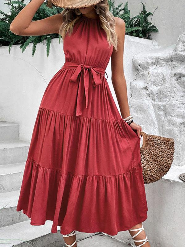 New fashionable women's halterneck solid color mid-length dress