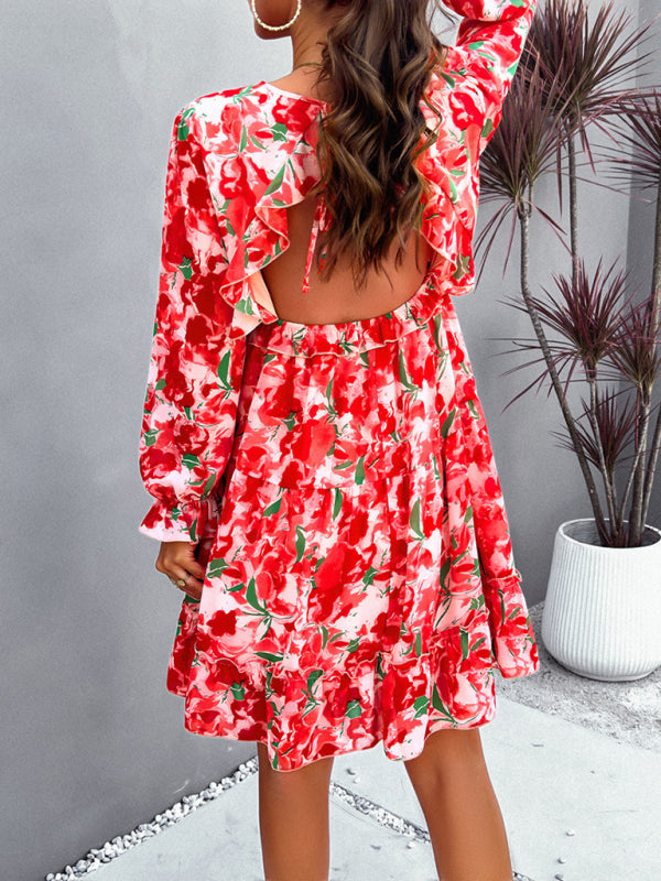 New elegant printed V-neck long-sleeved dress