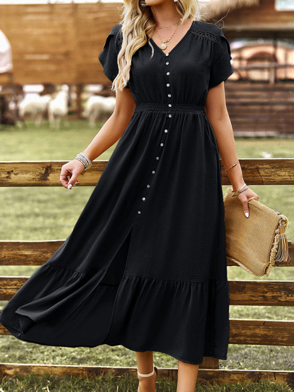 Women's new elegant V-neck solid color long skirt