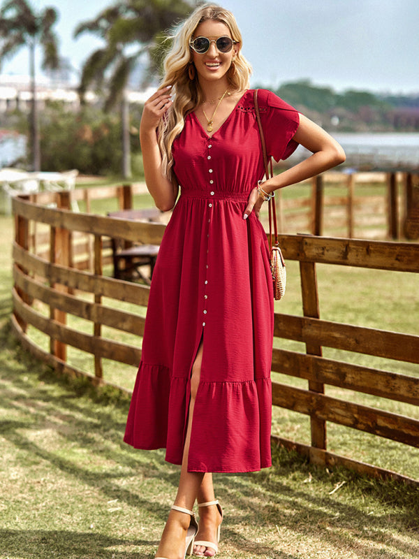 Women's new elegant V-neck solid color long skirt