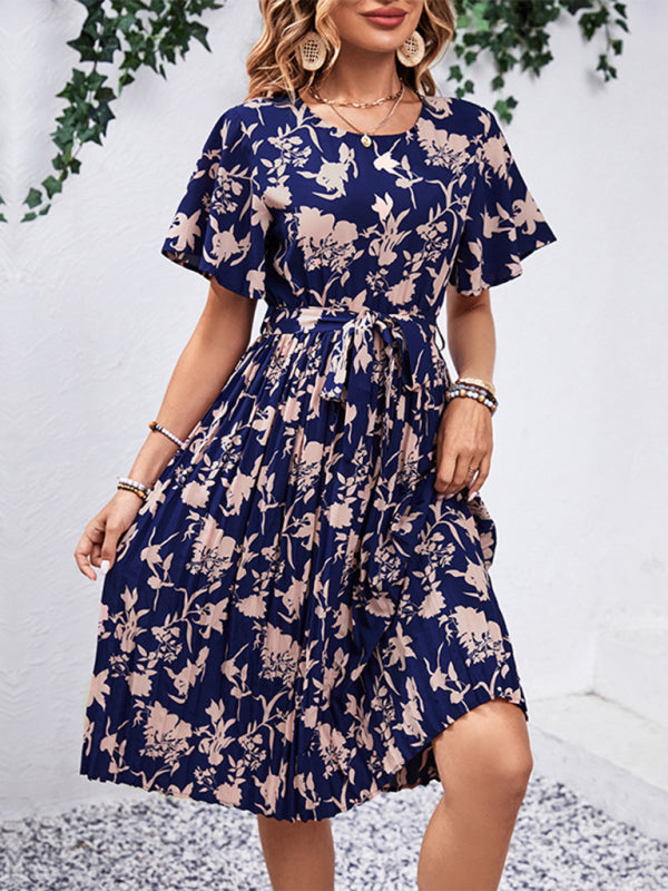 Women's New Round Neck Waist Floral Pattern Print