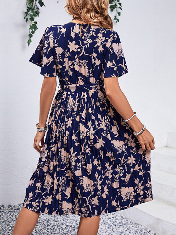 Women's New Round Neck Waist Floral Pattern Print