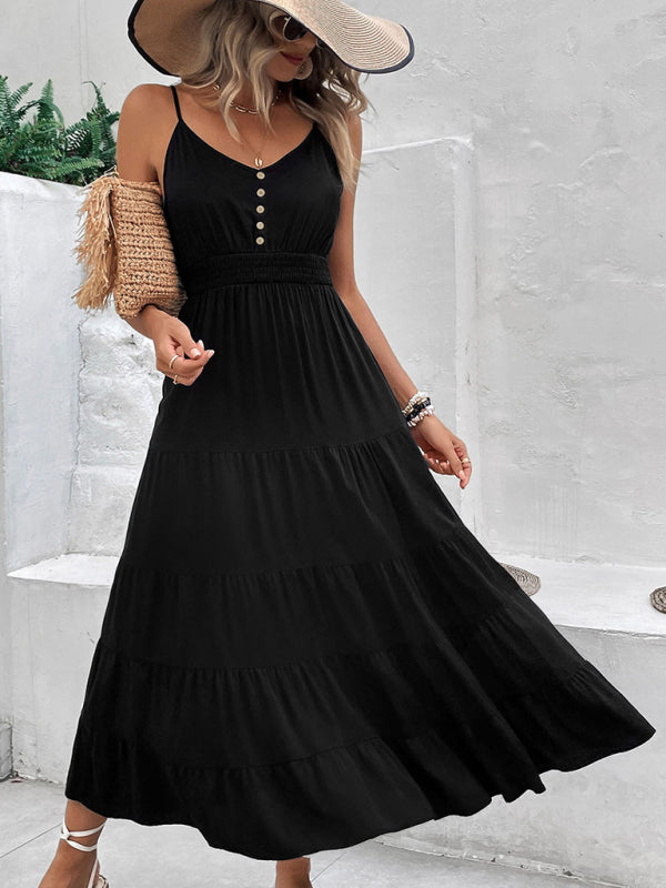 Women's new black suspender midi dress