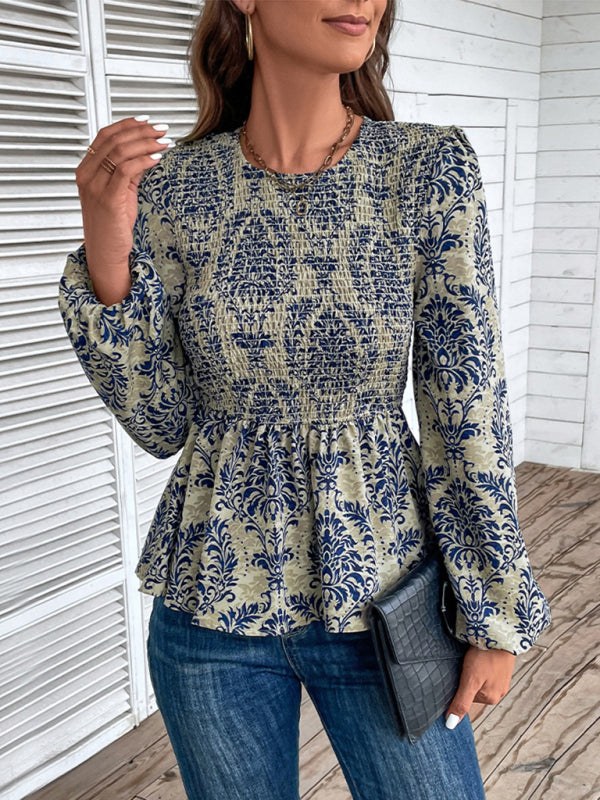 Ladies New Round Neck Elegant Slim Long Sleeve Print