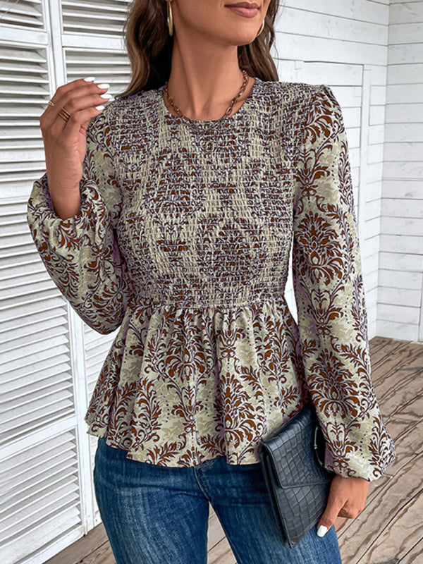 Ladies New Round Neck Elegant Slim Long Sleeve Print