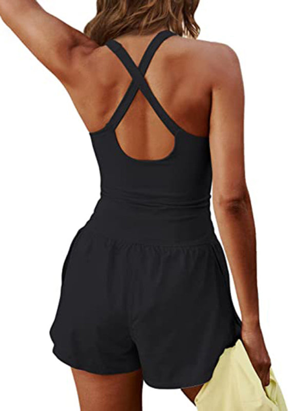 Women's Hollow Cross Loose Fitness Wear Tank Top Jumpsuit