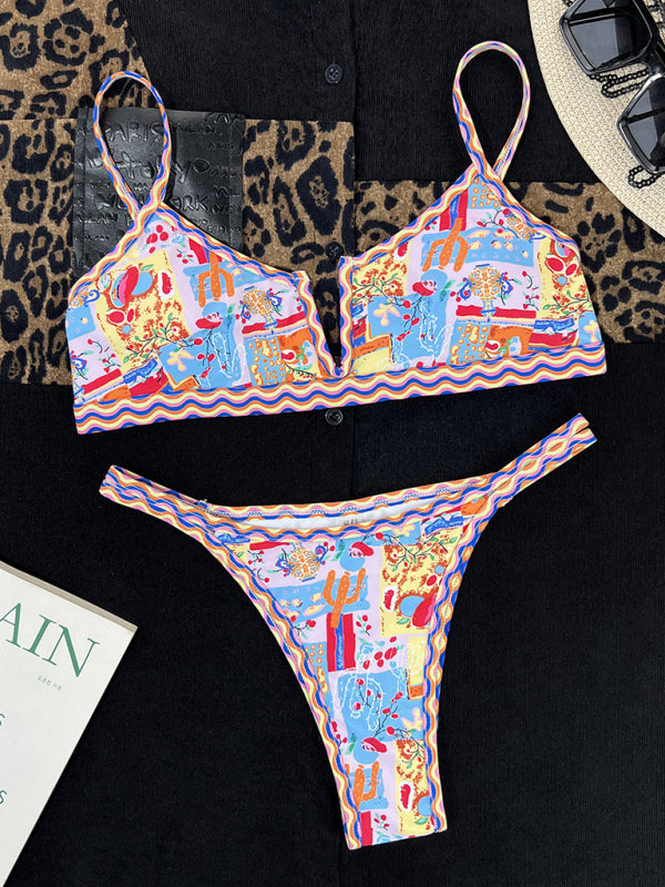 Women's new split swimsuit small V-neck colorful edge ethnic print sexy bikini