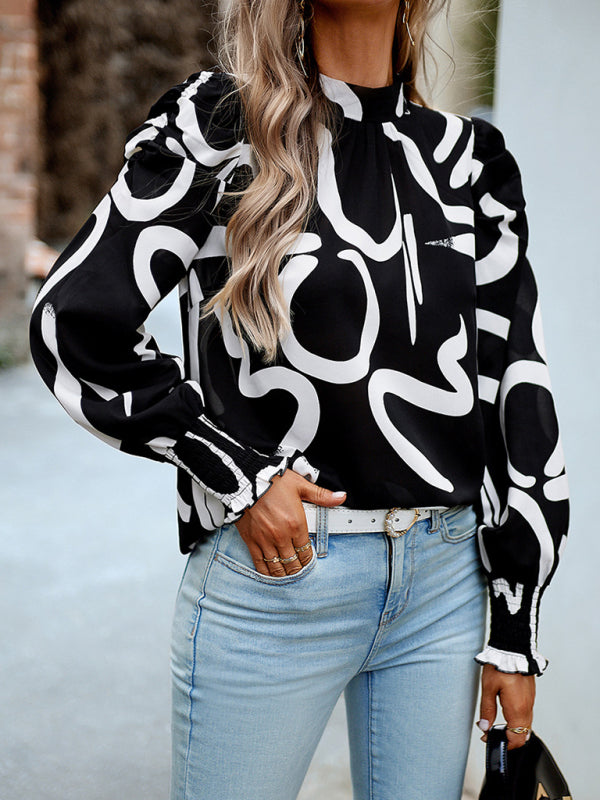 Women's printed turtleneck puff sleeve top blouse