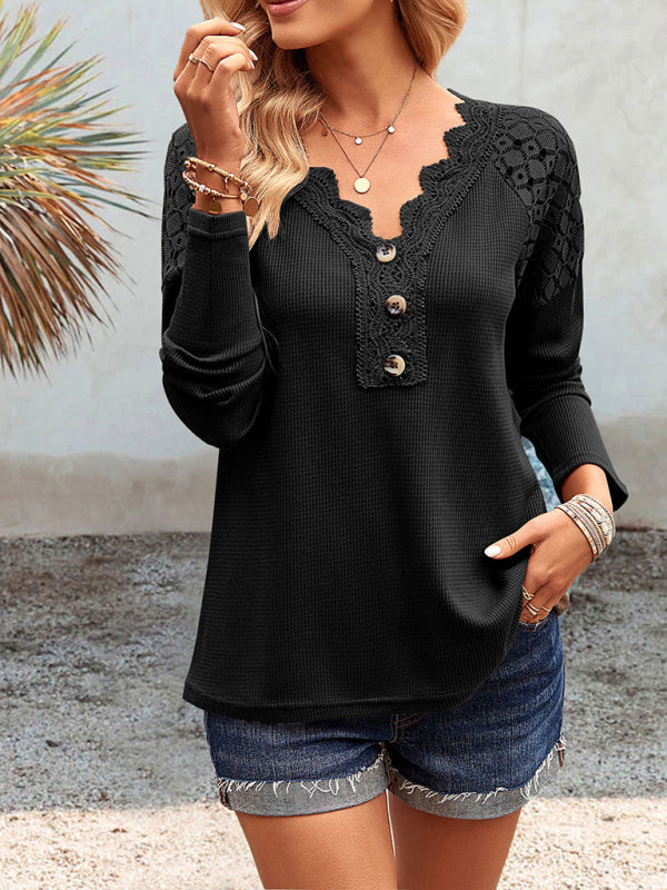 Women's casual lace V-neck buttoned knit top