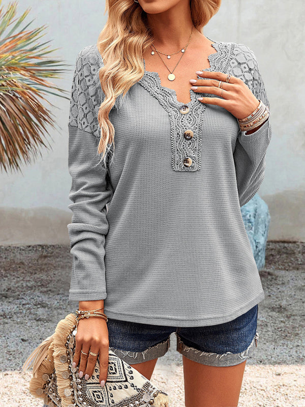 Women's casual lace V-neck buttoned knit top